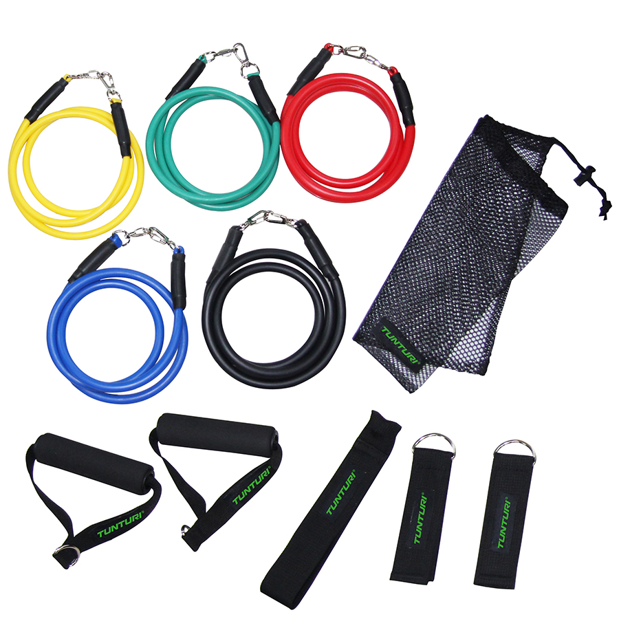 Tunturi Resistance Band Set - Weerstandsbanden - Fitness elastiek - 5 stuks + Accessoires - incl. gratis fitness app
